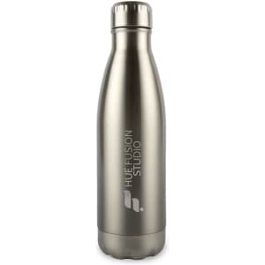 A drink bottle made of stainless steel, featuring a sleek silver finish and a logo on the side.