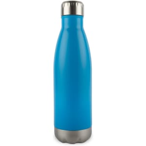 A drink bottle in a vibrant blue color with a stainless steel base and cap.