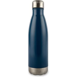 A drink bottle in a sleek dark blue color with a stainless steel bottom and a silver cap. It features a logo.