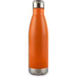 A drink bottle in vibrant orange, featuring a stainless steel base and a silver top, with a logo.