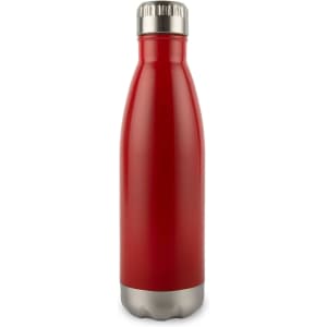 A drink bottle featuring a sleek red stainless steel design with a silver screw-on cap and a rounded base.