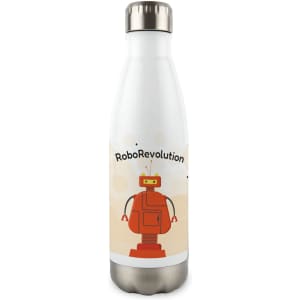 A drink bottle with a sleek stainless steel design featuring a playful robot graphic and the text "RoboRevolution."