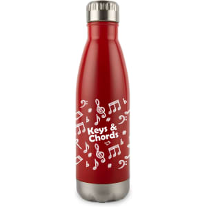 A drink bottle in red stainless steel featuring decorative musical notes and a logo on the surface.