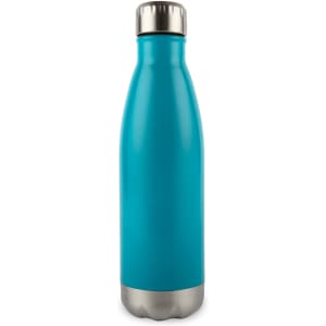 A drink bottle with a sleek turquoise design and a stainless steel base, featuring a silver cap.