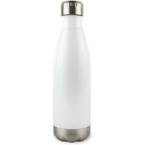 A drink bottle with a sleek white exterior and a stainless steel bottom. The design features a polished metal cap.