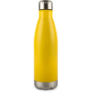 A drink bottle featuring a vibrant yellow exterior and a stainless steel base, designed for durability and style.