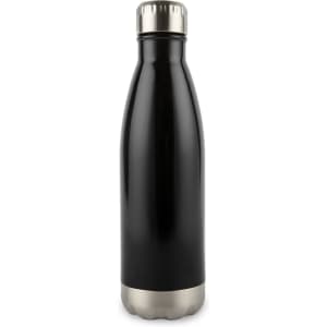 A drink bottle with a sleek black exterior and a stainless steel bottom, featuring a secure screw-on cap.