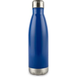 A drink bottle with a sleek blue exterior and a stainless steel bottom. It features a shiny metal cap.