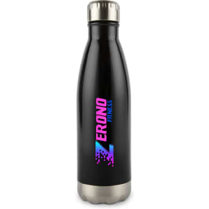 A drink bottle in black with a stainless steel bottom and a logo displayed on the body.