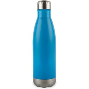 A drink bottle in a vibrant blue color with a stainless steel base and a screw-on metallic cap.