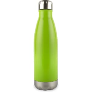 A drink bottle with a sleek, green design and a stainless steel bottom.