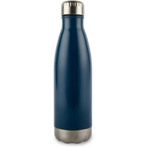 A drink bottle with a sleek blue exterior and a stainless steel base, featuring a screw-on lid.