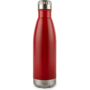 A drink bottle in a sleek red design with a stainless steel base and a screw-on cap.