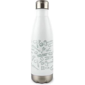 A drink bottle in white with a metallic silver lid, featuring a graphic design of construction tools.