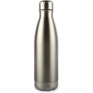 A drink bottle with a sleek, stainless steel design, featuring a screw-on cap and a rounded bottom.