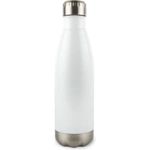 A drink bottle with a sleek white body and a stainless steel bottom, featuring a metallic cap.