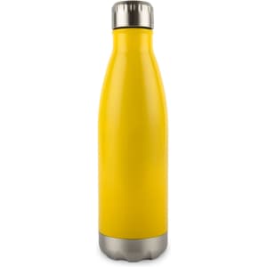 A drink bottle with a sleek yellow exterior and a stainless steel base, designed to keep beverages insulated.