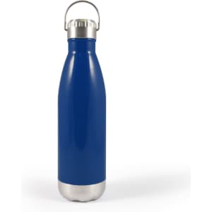 A drink bottle featuring a sleek blue design with a stainless steel bottom and a hanger lid.