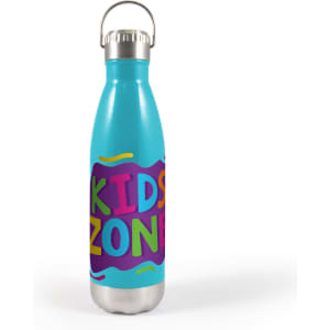 A drink bottle with a turquoise body, silver bottom, and a hanger lid featuring colorful "KIDS ZONE" graphics.
