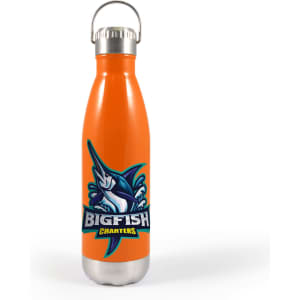 A drink bottle with a silver lid and an orange body featuring a large fish logo.