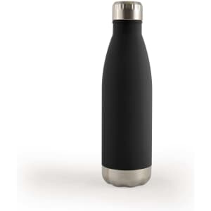 A drink bottle with a sleek black exterior and a stainless steel base, designed for vacuum insulation.