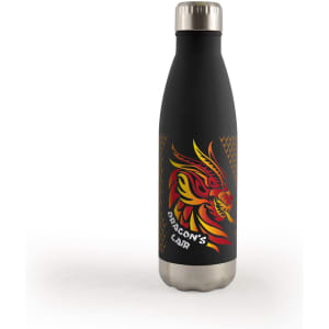 A drink bottle with a black exterior featuring a colorful dragon design and a stainless steel bottom.