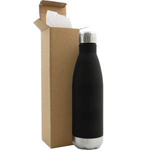 A drink bottle in black with a stainless steel base, beside a brown cardboard box. The bottle features a logo.
