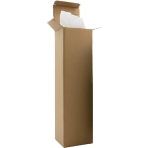 A tall, open brown cardboard box with white tissue paper inside. The box is empty and upright.