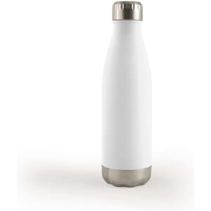 A drink bottle in white with a metallic silver bottom and cap, featuring a smooth, sleek design.