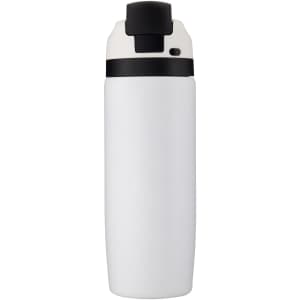 A drink bottle in white with a black lid, featuring a logo on the front.