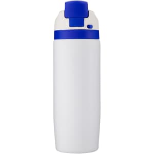 A drink bottle in white with a blue lid and a small logo. Features a flip-top opening for easy access.
