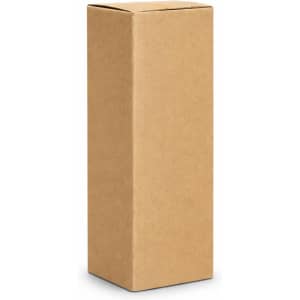 A drink bottle in a plain brown cardboard box. The box has a rectangular shape with no visible logos.