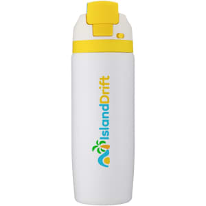 A drink bottle in white and yellow, featuring a logo and a secure flip-top lid.