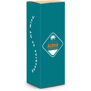 A drink bottle in a teal box featuring a logo and white text on the side. The box has a golden top.