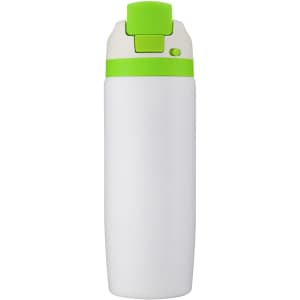 A drink bottle featuring a white body and a bright green cap, with a logo on its surface.