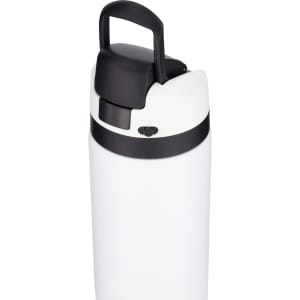 A drink bottle in white with a black lid and handle, featuring a logo on the side.