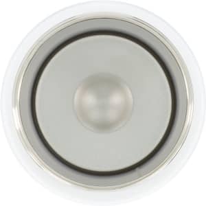 A drink bottle cap with a metallic finish, featuring a central dome and a clean white outer rim.