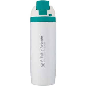A drink bottle in white with a teal lid and a logo on the side.
