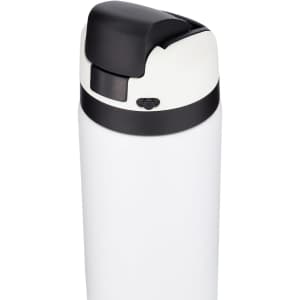 A drink bottle in white with a black lid and a built-in push button for easy opening. It features a logo on the side.