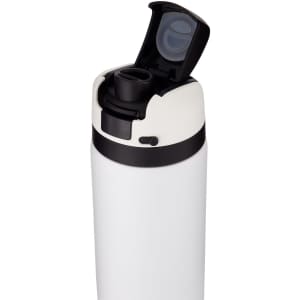 A drink bottle in matte white with a black lid and spout. Features a logo on the side.