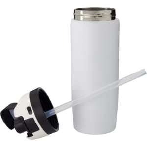 A drink bottle in white with a silver lid, accompanied by a black lid with a straw attachment.