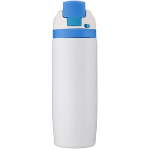 A drink bottle in white with a blue lid and button, featuring a logo on its body.