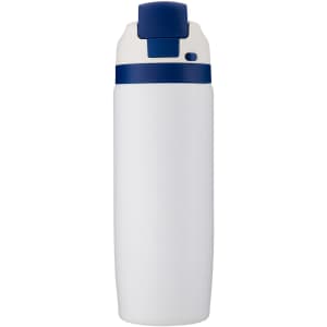 A drink bottle in white with a navy blue lid and a logo on it.