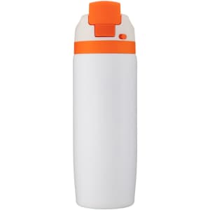 A drink bottle in white with an orange lid and a logo. The design is sleek and modern.