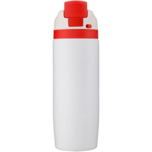 A drink bottle in white with a red lid, featuring a simple design and a logo.