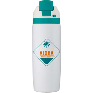 A drink bottle in white with a teal lid and a logo featuring a palm tree.