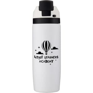 A drink bottle in white with a black lid and a branding design featuring a hot air balloon.