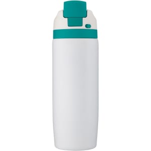 A drink bottle in white with a teal lid and button, featuring a logo on the body.