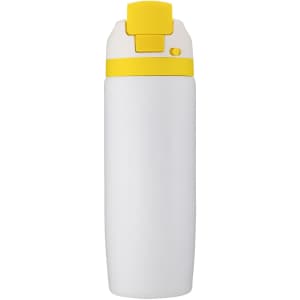 A drink bottle in white with a yellow lid and button, featuring a logo on the front.
