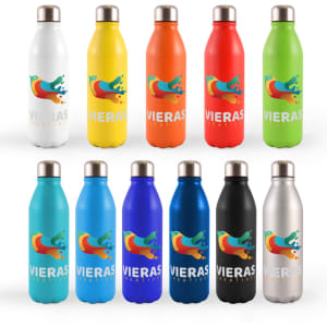 A drink bottle collection in various colours, including white, yellow, red, green, blue, black, and silver, featuring logos.